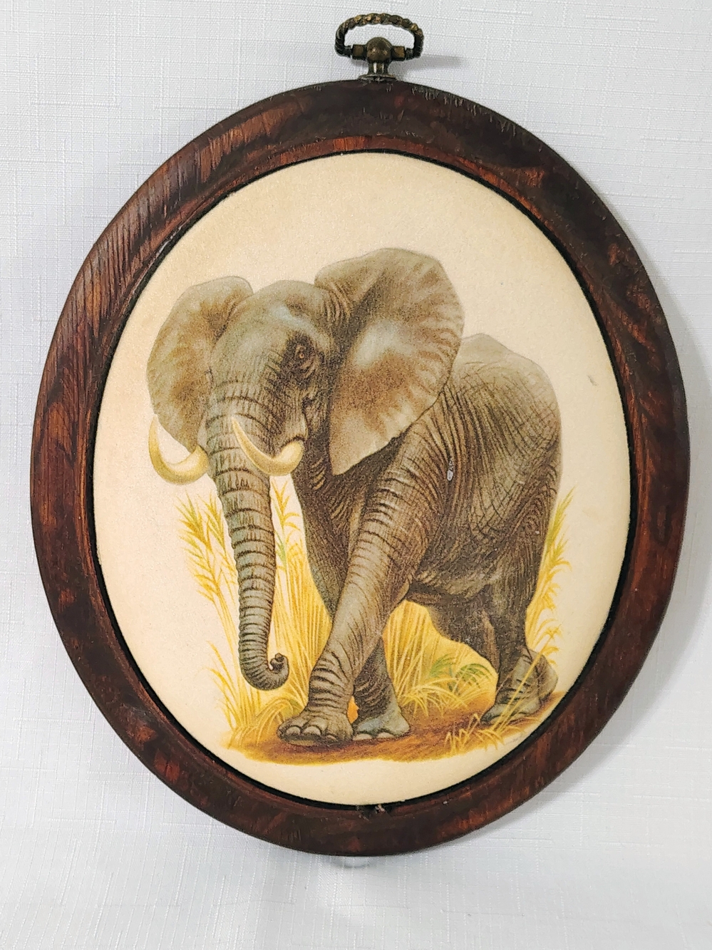 Vintage Wooden Oval Frame Textured Ceramic Tile African Elephant Wall Art